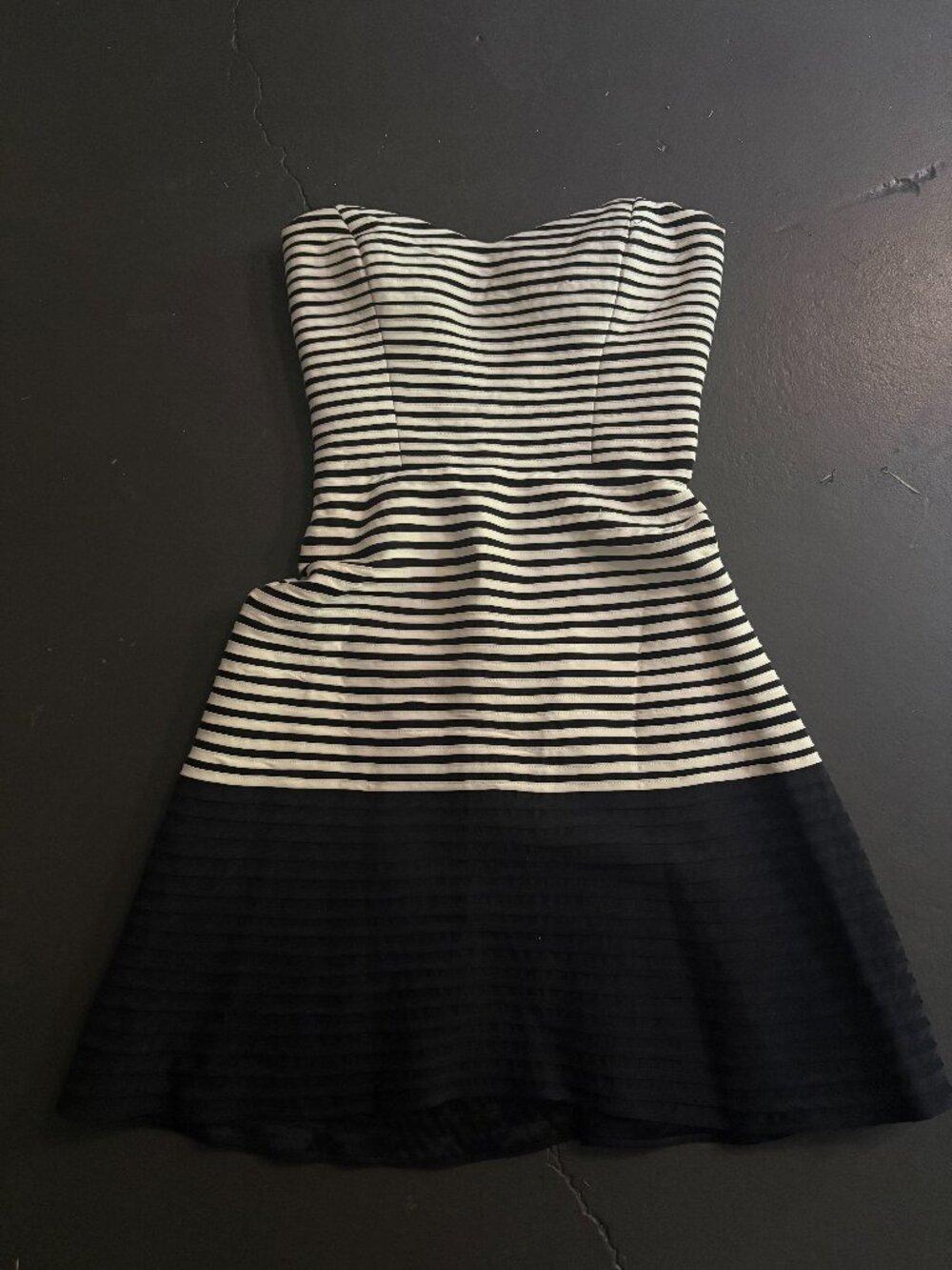 Parker Black White Striped Silk Strapless Fit & Flare Dress Size S